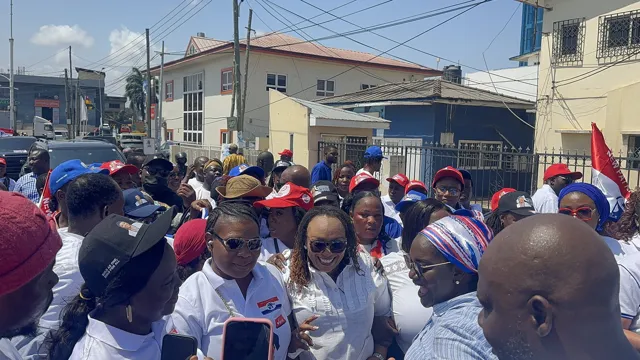 A crowd gathered with NPP flags
